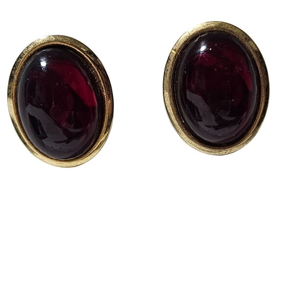 Vintage Gold Tone Oval Red Cabochon Stud Earrings Retro 50s 60s Fashion Jewelry - Picture 1 of 4